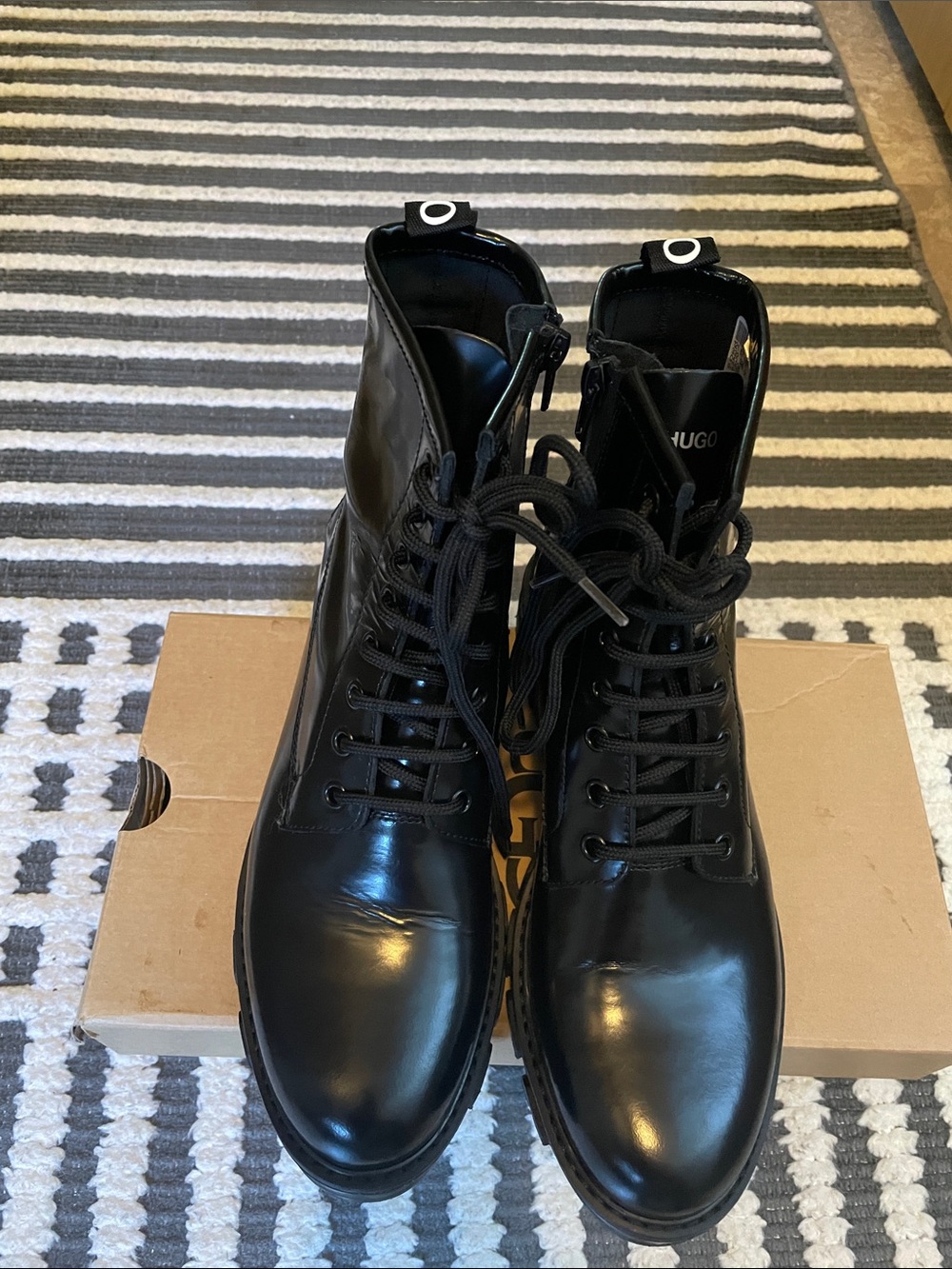 HUGO Black Leather Lace-Up Combat Boots